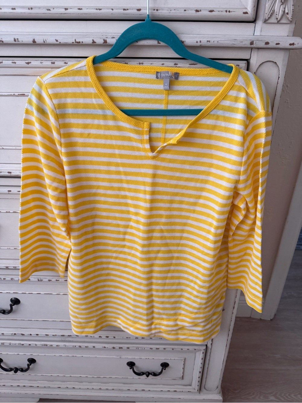 Talbots Yellow and White Striped Knit Top with Notch Neck- Clearance